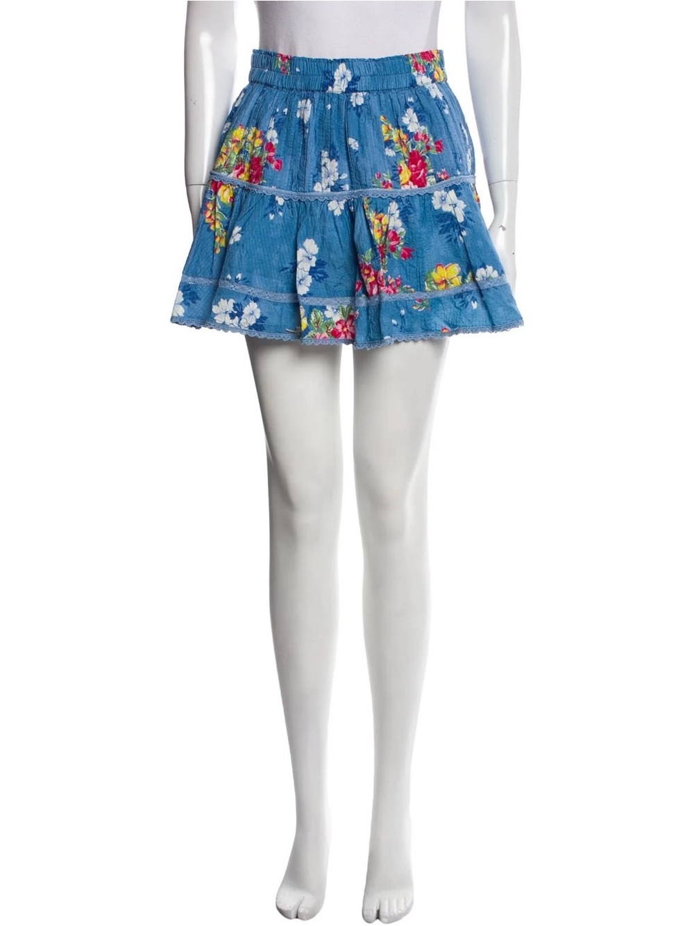 LoveShackFancy Blue Floral A-Line Tiered Skirt